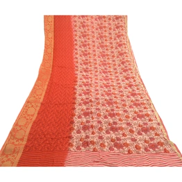 Sanskriti Vintage Sarees Red Blend Georgette Printed Zari Border Sari 5Yd Fabric, PRG-12108