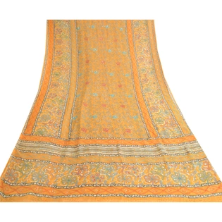 Sanskriti Vintage Mustard Sarees Hand Bead Pure Georgette Silk Sari Craft Fabric, PRG-10613