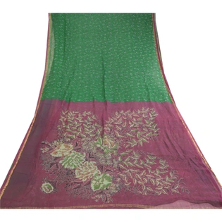 Sanskriti Vintage Green Sarees Pure Chiffon Silk Printed Zari Border Sari Fabric, PRG-11262