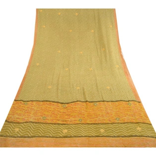 Sanskriti Vintage Green Embroidered Print Sarees Pure Georgette Silk Sari Fabric, PRG-11296