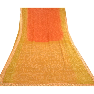 Sanskriti Vintage Sarees Bandhani Printed Orange Pure Georgette Silk Sari Fabric, PRG-11320