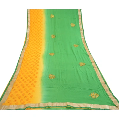 Sanskriti Vintage Sarees Print Embroidered Green Pure Georgette Silk Sari Fabric, PRG-11332