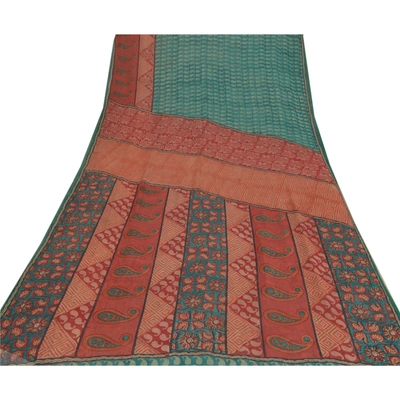 Sanskriti Vintage Green Sarees Pure Georgette Silk Printed Fabric Craft Sari, PRG-7482