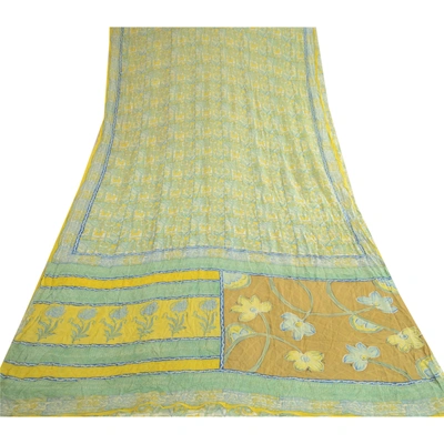 Sanskriti Vintage Green Pure Georgette Silk Sarees Printed Sari 5Yd Craft Fabric, PRG-10673