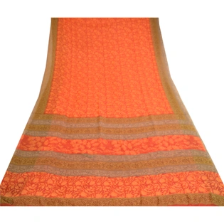 Sanskriti Vintage Orange Sarees Poly Georgette Silk Printed Sari Craft Fabric, PRG-11416