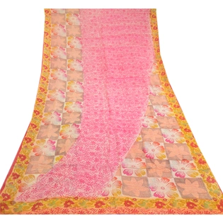 Sanskriti Vintage Sarees Pink Indian Blend Georgette Printed Sari Craft Fabric, PRG-11444