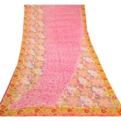 Sanskriti Vintage Sarees Pink Indian Blend Georgette Printed Sari Craft Fabric, PRG-11444