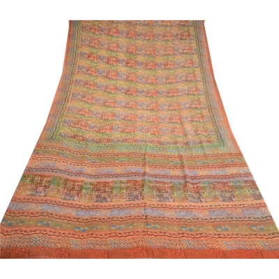 Sanskriti Vintage Pure Georgette Silk Sarees Peach Printed Sari 5Yd Craft Fabric, PRG-10383