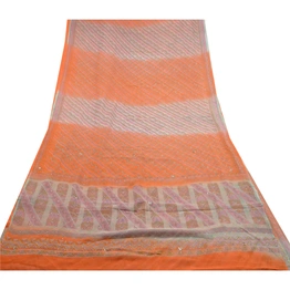 Sanskriti Vintage Orange Printed Hand Beads Sarees Pure Chiffon Silk Sari Fabric, PRG-10283