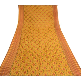 Sanskriti Vintage Mustard Sarees Georgette Printed Sari Soft Floral Craft Fabric, PRG-10603