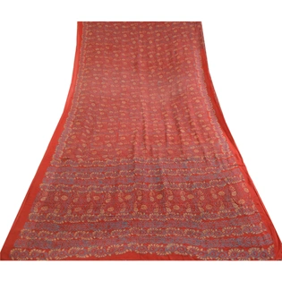 Sanskriti Vintage Sarees Red Pure Georgette Silk Printed Sari 5Yd Craft Fabric, PRG-12308