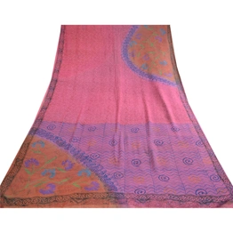 Sanskriti Vintage Sarees Blue Block Print Pure Georgette Silk Sari Craft Fabric, PRG-12392