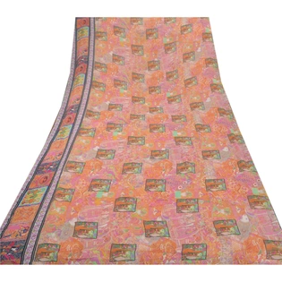 Sanskriti Vintage Pink Sari Printed Blend Georgette Sarees Craft Fabric, PRG-6683