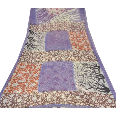 Sanskriti Vintage Purple Sari Printed Blend Georgette Sarees Craft 5 Yard Fabric, PRG-6698