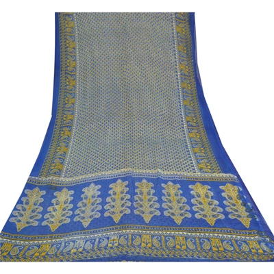 Sanskriti Vintage Sarees Blue Blend Georgette Printed Sari Soft 5Yd Craft Fabric, PRG-9609