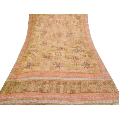 Sanskriti Vintage Indian Sari Printed Blend Georgette Sarees Craft 5 Yard Fabric, PRG-7239