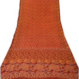 Sanskriti Vintage Rusty Orange Sari Printed Blend Georgette Sarees Craft Fabric, PRG-7304