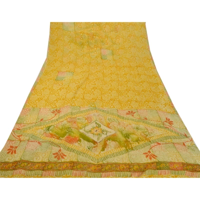 Sanskriti Vintage Indian Sari Yellow Printed Blend Georgette Sarees Craft Fabric, PRG-7065