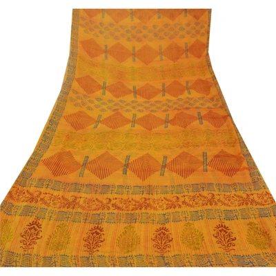 Sanskriti Vintage Yellow Sarees Blend Georgette Printed Sari 5 Yard Craft Fabric, PRG-5665