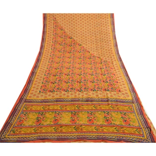 Sanskriti Vintage Sarees Yellow Pure Georgette Silk Printed Sari Craft Fabric, PRG-4564