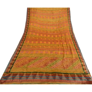 Sanskriti Vintage Indian Saffron Sarees Print Blend Georgette Sari Craft Fabric, PRG-4516