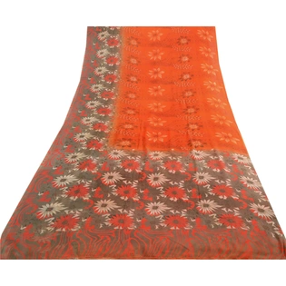 Sanskriti Vintage Orange Indian Sari Print Georgette Sarees Floral Craft Fabric, PRG-4306