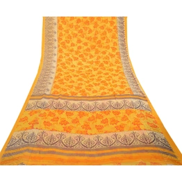 Sanskriti Vintage Yellow Indian Sarees Georgette Printed 5Yd Sari Craft Fabric, PRG-3198