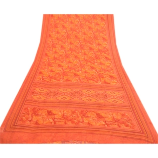 Sanskriti Vintage Orange Indian Sarees Georgette Printed Sari Craft 5Yard Fabric, PRG-3024