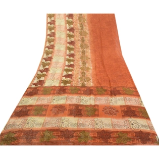 Sanskriti Vintage Sarees Indian Orange Georgette Sari Printed Soft Craft Fabric, PRG-1979