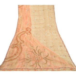 Sanskriti Vintage Peach Sarees Pure Georgette Silk Printed Sari 5Yd Craft Fabric, PRG-2811