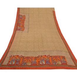 Sanskriti Vintage Brown Sarees Pure Georgette Silk Human Printed Sari 5Yd Fabric, PRG-8184