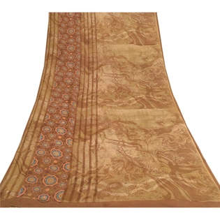 Sanskriti Vintage Brown Sarees Pure Georgette Silk Printed Sari 5Yd Craft Fabric, PRG-9316