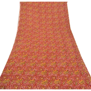 Sanskriti Vintage Red Saree Blend Georgette Indian Printed Sari 5Yd Craft Fabric, PRG-8181