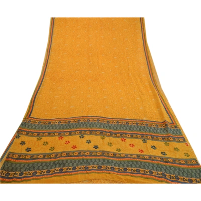 Sanskriti Vintage Yellow Sarees Pure Georgette Silk Printed Sari Craft Fabric, PRG-3516