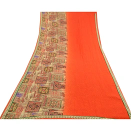 Sanskriti Vintage Indian Orange Sarees Georgette Printed Sari Soft Craft Fabric, PRG-3589