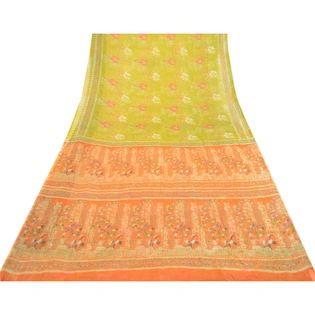 Sanskriti Vintage Green Indian Sarees Chiffon Printed 5 Yard Sari Craft Fabric, PRG-3270