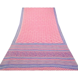 Sanskriti Vintage Saree Pink Block Printed Pure Georgette Silk Sari Craft Fabric, PRG-3213