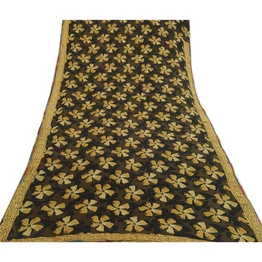 Sanskriti Vintage Sarees Black Indian Pure Georgette Silk Printed Sari Fabric, PRG-12547