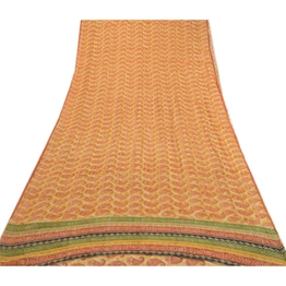 Sanskriti Vintage Saffron Pure Georgette Silk Sarees Printed Sari Craft Fabric, PRG-1048