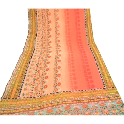 Sanskriti Vintage Coral Indian Sarees Georgette Printed Sari 5Yd Sewing Fabric, PRG-10528