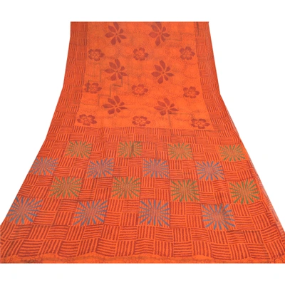 Sanskriti Vintage Orange Sarees Pure Georgette Silk Printed Sari Craft Fabric, PRG-8874