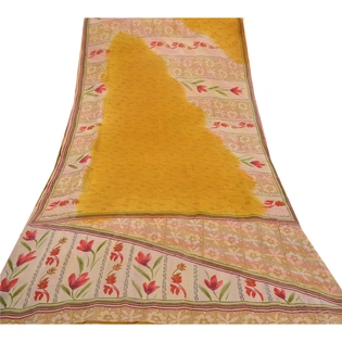 Sanskriti Vintage Yellow Sarees Pure Georgette Silk Printed Sari Craft Fabric, PRG-7920