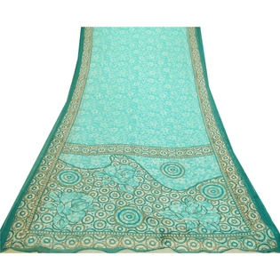 Sanskriti Vintage Sarees Indian Sea-Green Chiffon Printed Sari Soft Craft Fabric, PRG-12658