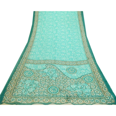 Sanskriti Vintage Sarees Indian Sea-Green Chiffon Printed Sari Soft Craft Fabric, PRG-12658