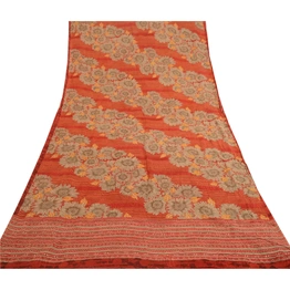 Sanskriti Vintage Sarees Indian Red Pure Georgette Silk Print Sari Craft Fabric, PRG-11938