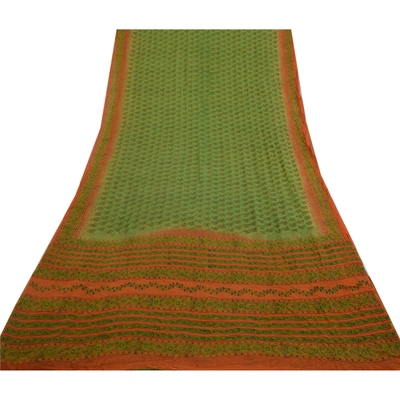 Sanskriti Vintage Sarees Green & Orange Pure Georgette Silk Printed Sari Fabric, PRG-12769