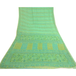 Sanskriti Vintage Sarees Green Pure Georgette Silk Printed Sari 5Yd Craft Fabric, PRG-11869