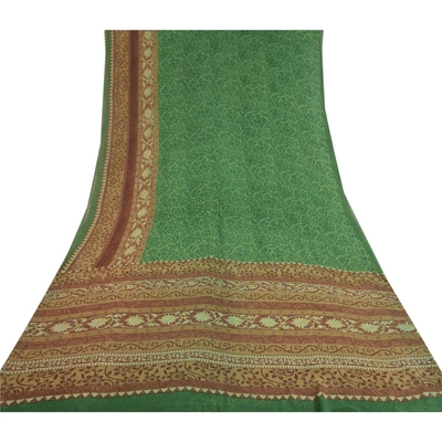 Sanskriti Vintage Sarees Green Pure Georgette Silk Printed Sari 5Yd Craft Fabric, PRG-11876