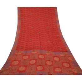 Sanskriti Vintage Sarees Red Pure Georgette Silk Printed Sari 5Yd Craft Fabric, PRG-12627