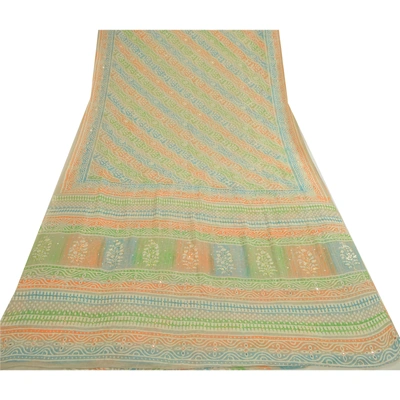 Sanskriti Vintage Sarees Hand Block Print Bead Pure Georgette Sari Craft Fabric, PRG-12984